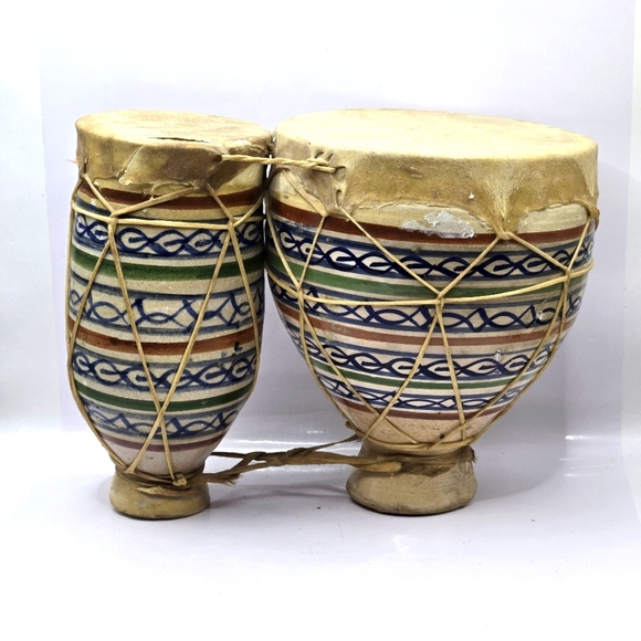 Hand Crafted Art Moroccan Bongo Drums Taarija Terra Cotta Clay Goat 